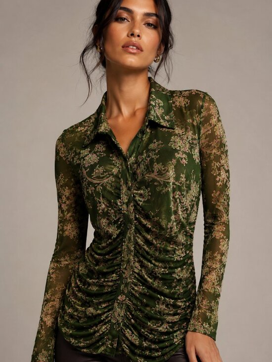 Susan Graver Tops - Susan Graver Printed Mesh Ruched Snap Front Top Green Floral S